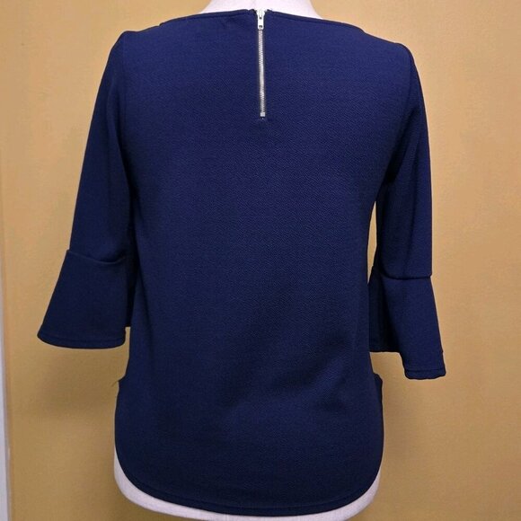 Green Envelope Royal Blue Womens Blouse Bell Sleeve Medium Bohemian Zip Back - Picture 2 of 8